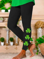 Black Casual Four-Leaf Printed Leggings