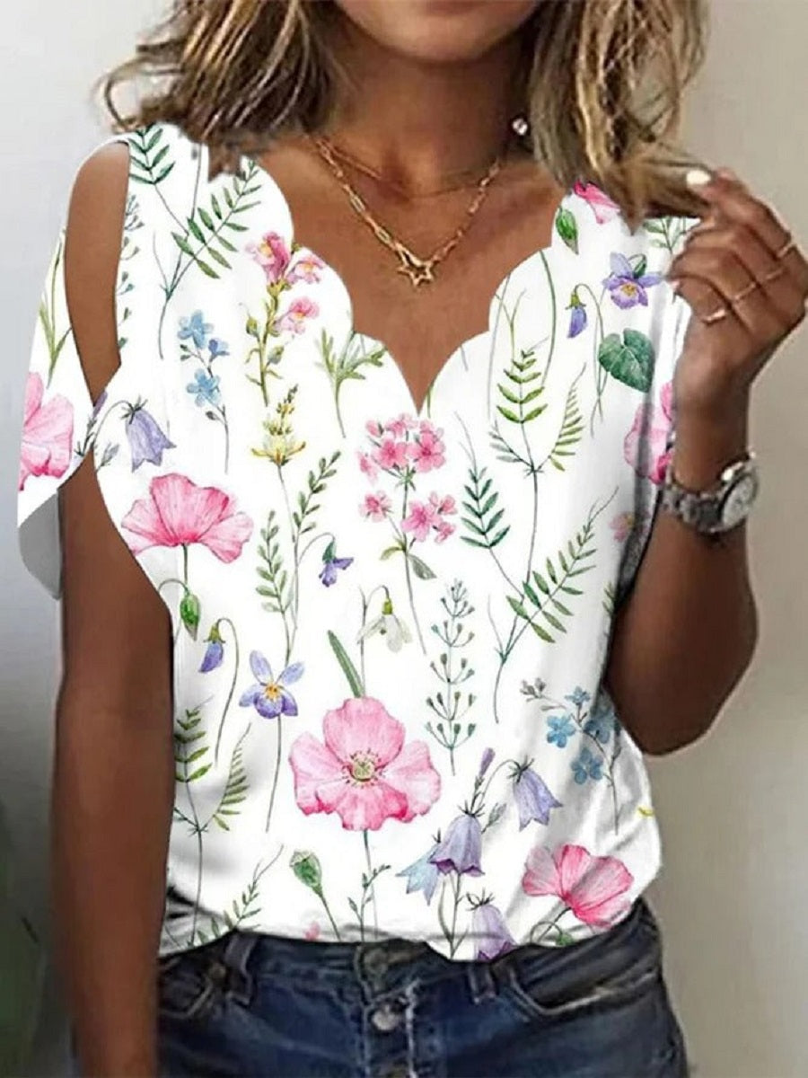 White Casual V Neck Floral Printed Short Sleeve Blouse