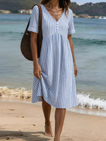 Blue Stripe V-Neck Short Sleeve Button Accent Midi Dress