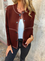 ChicButton-Front Long Sleeeve Jacket with Contrast Stitching