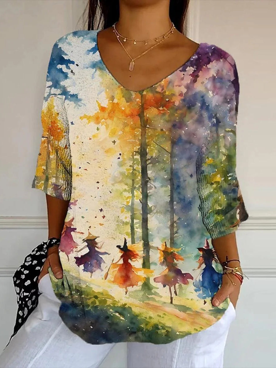 Special V-Neck 3/4 Sleeve Multicolor Top