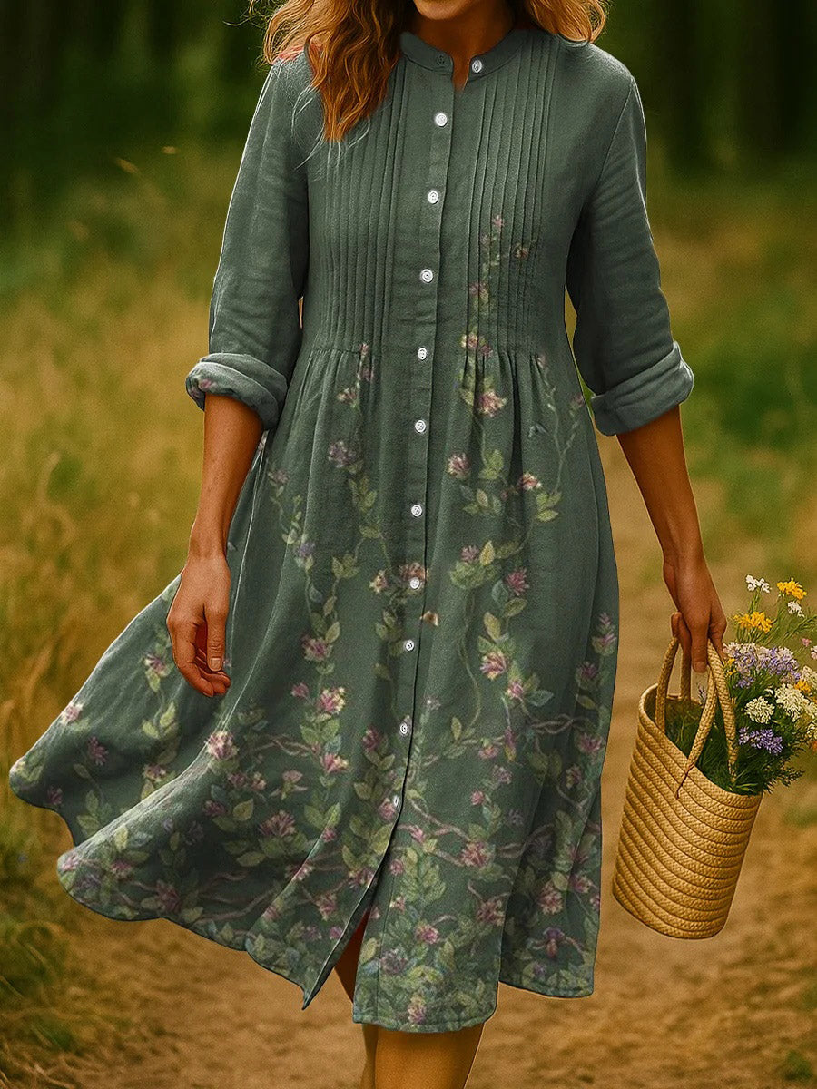 Women's Floral Print Long Sleeve Pleated Dress
