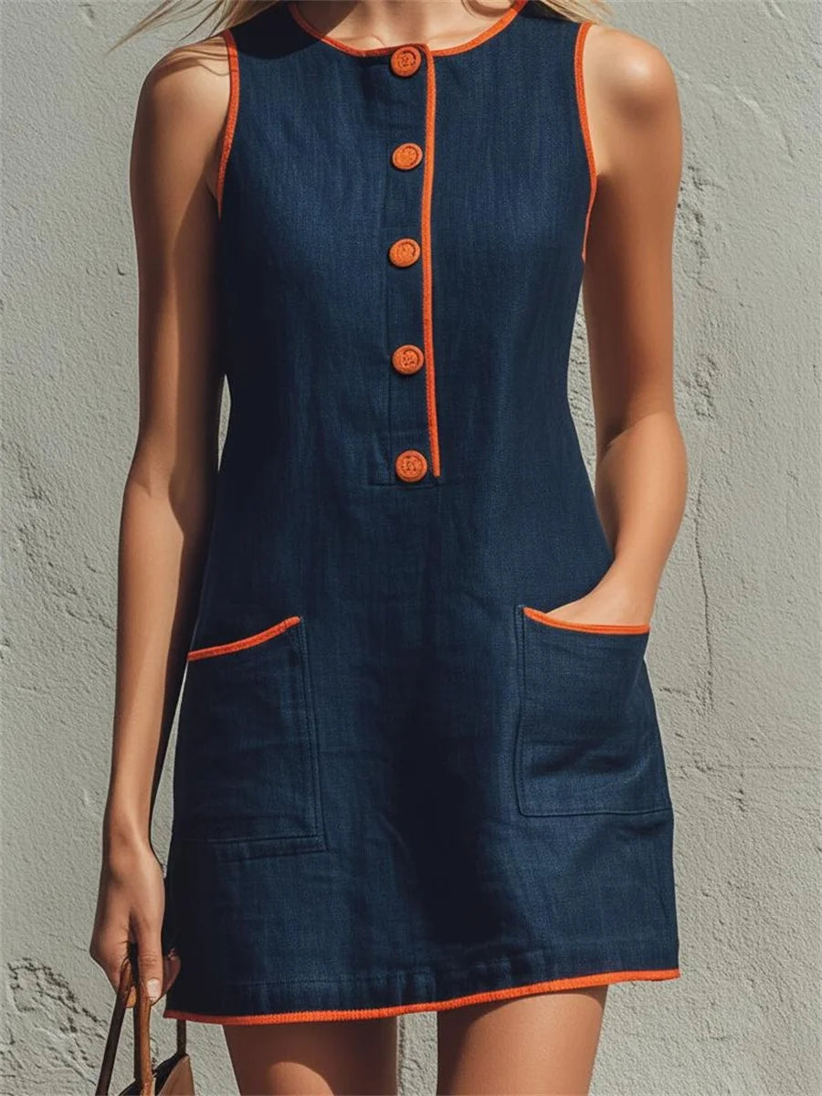Navy Orange Trim Sleeveless Shift Dress