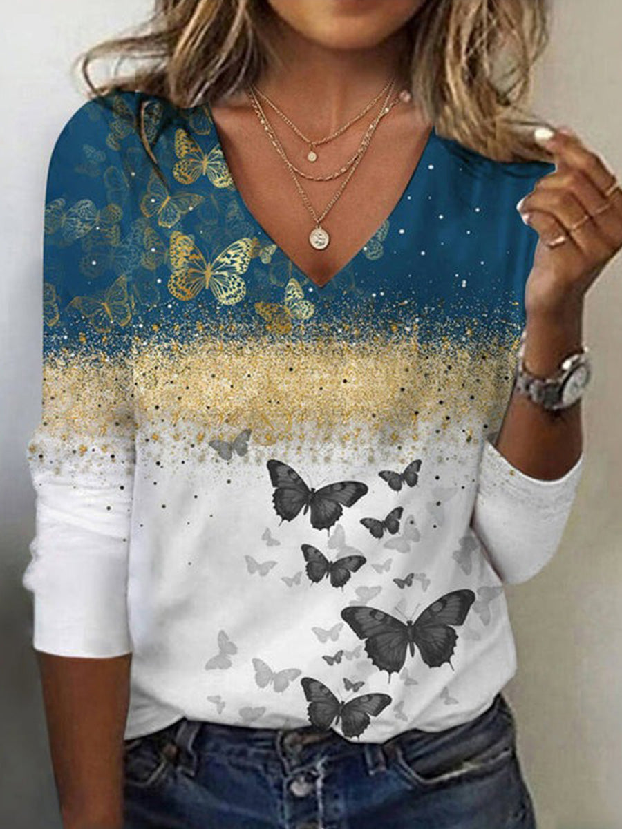 Vintage Butterfly Printed V Neck Blouse