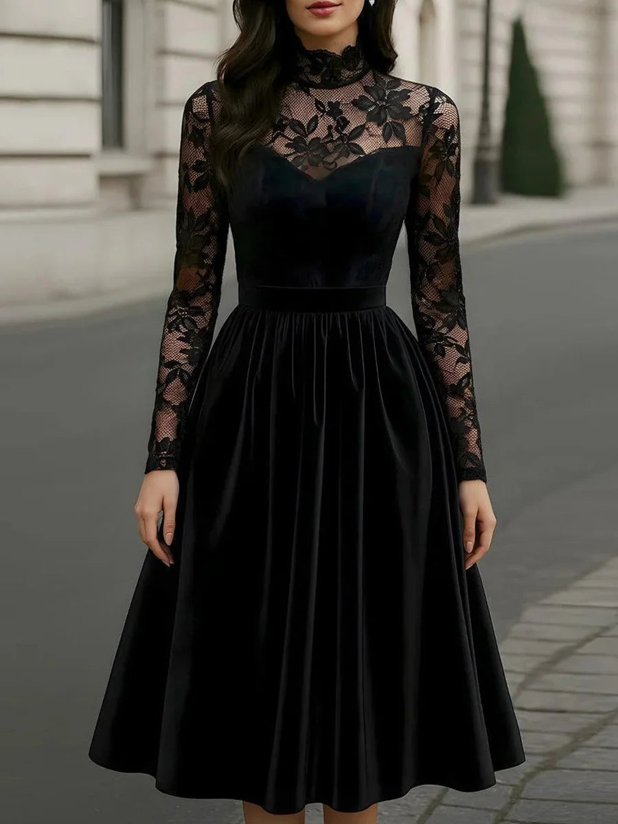 Black Lace Trim Velvet Mock Neck Midi Dress