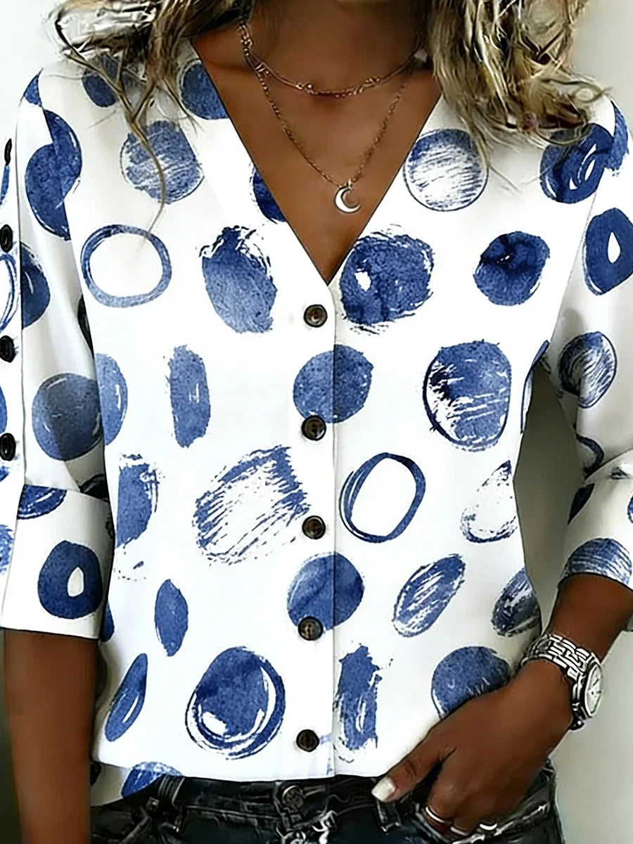 Chic Blue Abstract Dot V-neck 3/4 Sleeve Blouse