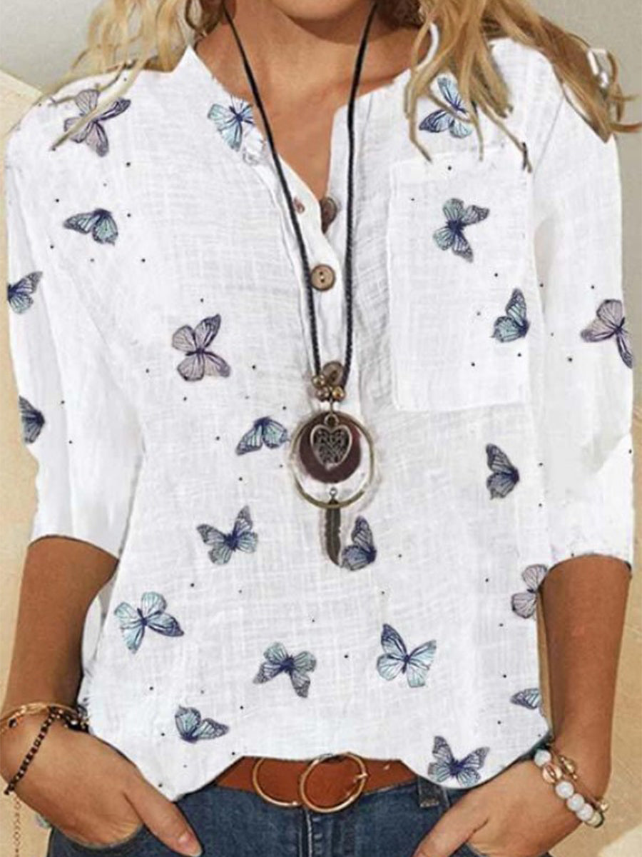 V-neck 3/4 Sleeve Butterfly Print White Blouse