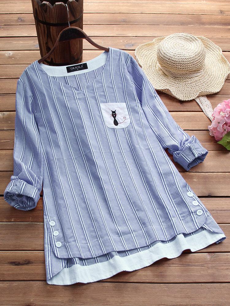 Side Buttons Stripe Cat Embroidered Patchwork Vintage Blouse