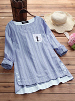 Side Buttons Stripe Cat Embroidered Patchwork Vintage Blouse