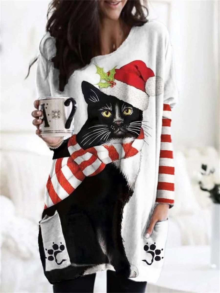 White Casual Graphic Tops Round Neck Cat Printed Long Sleeve Xmas Sweatshirt