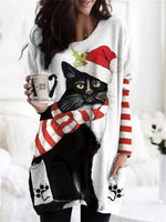 White Casual Graphic Tops Round Neck Cat Printed Long Sleeve Xmas Sweatshirt