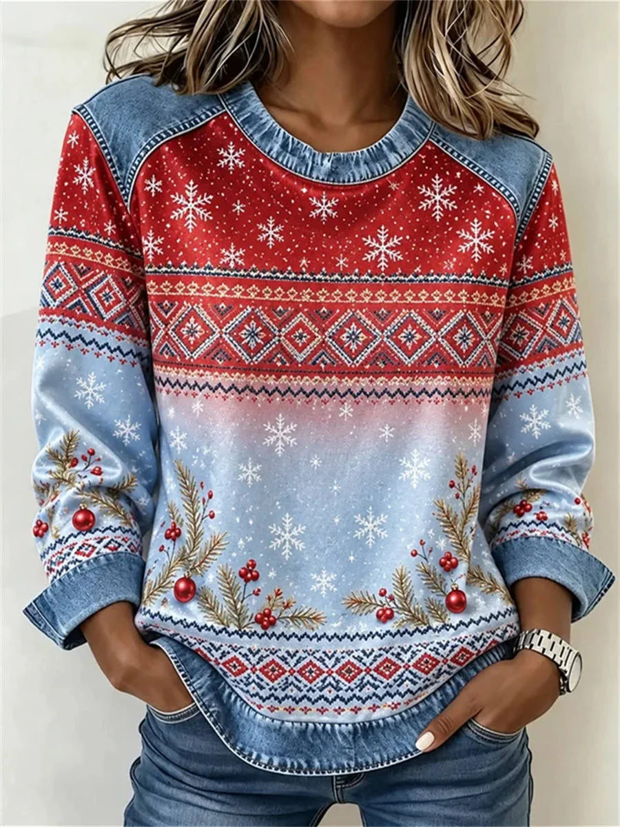 Casual Snowflake Crew Neck Long Sleeve Sweatshirt