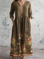 Vintage Floral Printed V-neck Long Sleeve Dress