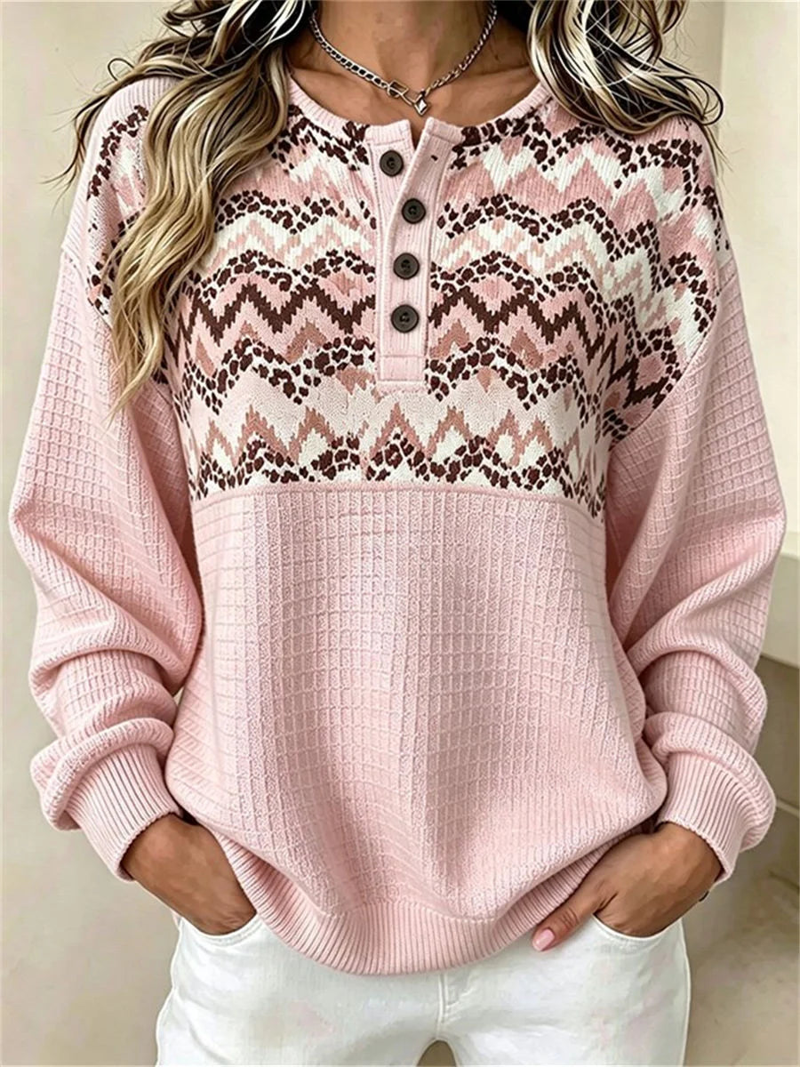 Casual Geometric Henley Collar Long Sleeve Sweatshirt