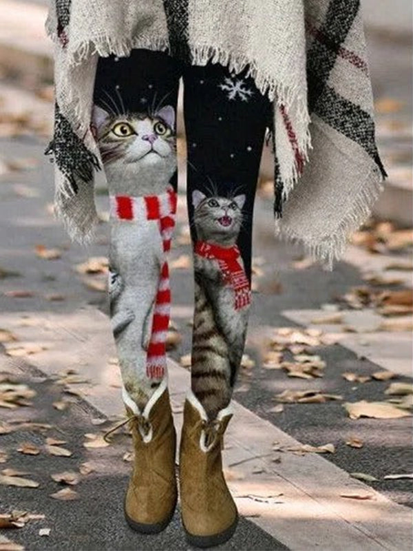 Multicolor Casual Graphic Bottoms Cat Printed Leggings
