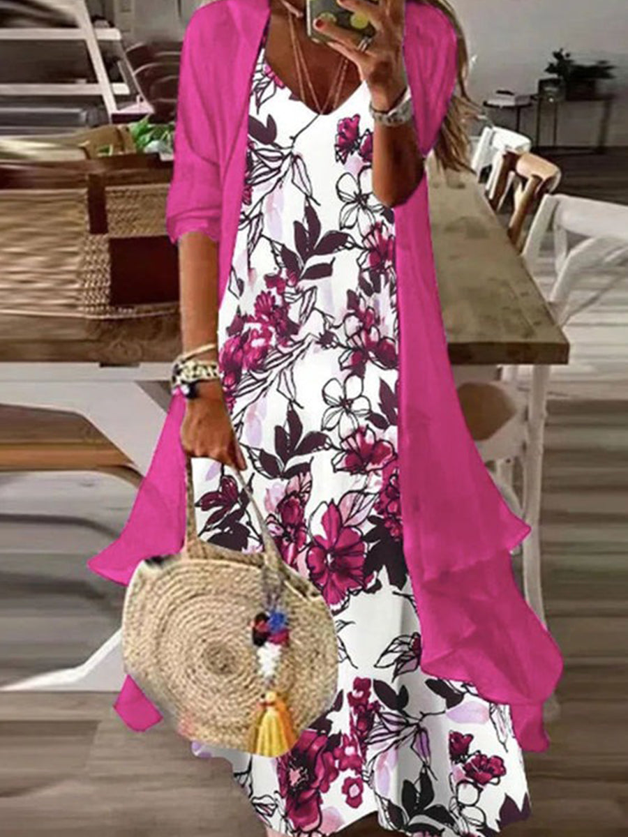 Romantic Floral Print Maxi Dress With Jacket
