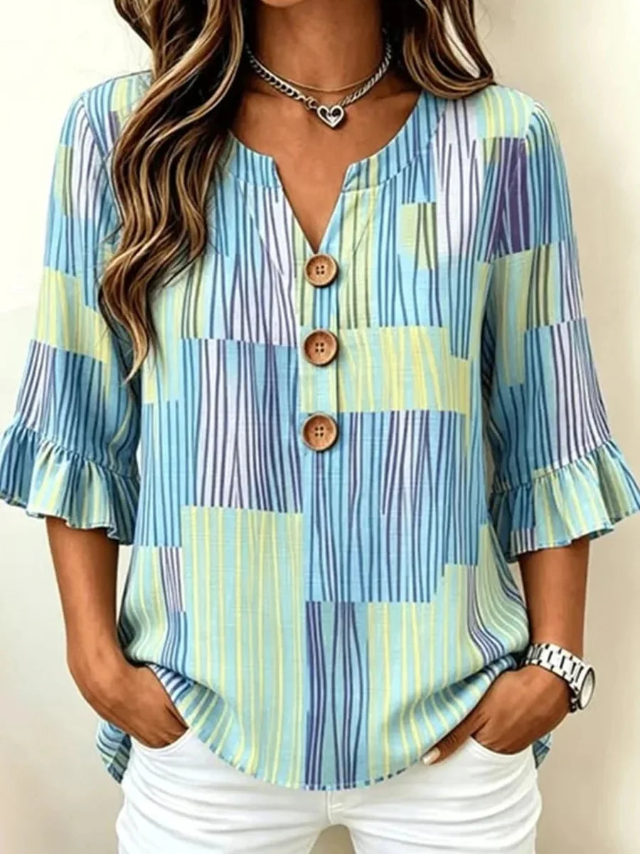 Blue Stripe Print 3/4 Sleeve Blouse