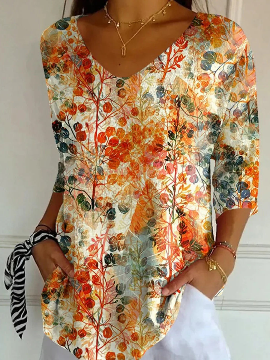 Stylish V-Neck Long Sleeve Plant Print Top