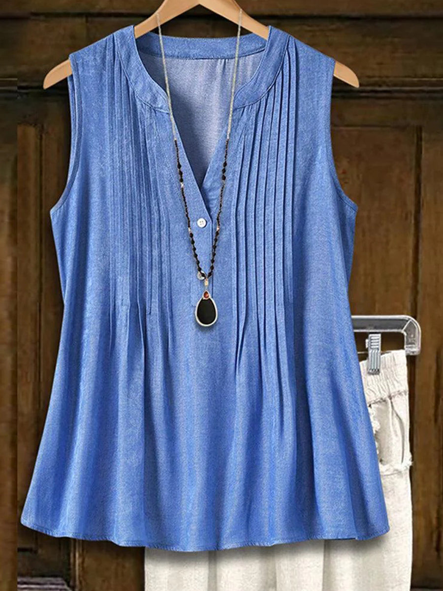 Chic Blue Plain V-neck Sleeveless Top