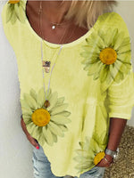 Casual Sunflower Printed Round Neck Blouse
