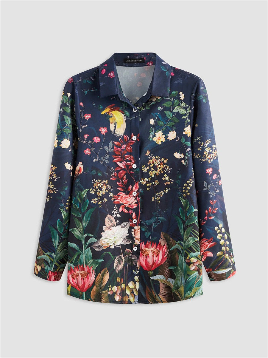 Women?ˉs Vintage Floral Print V Neck Button Long Sleeve Casual Blouse