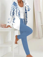 Blue Floral Hoodie Long Sleeve Comfy Two-Piece Set
