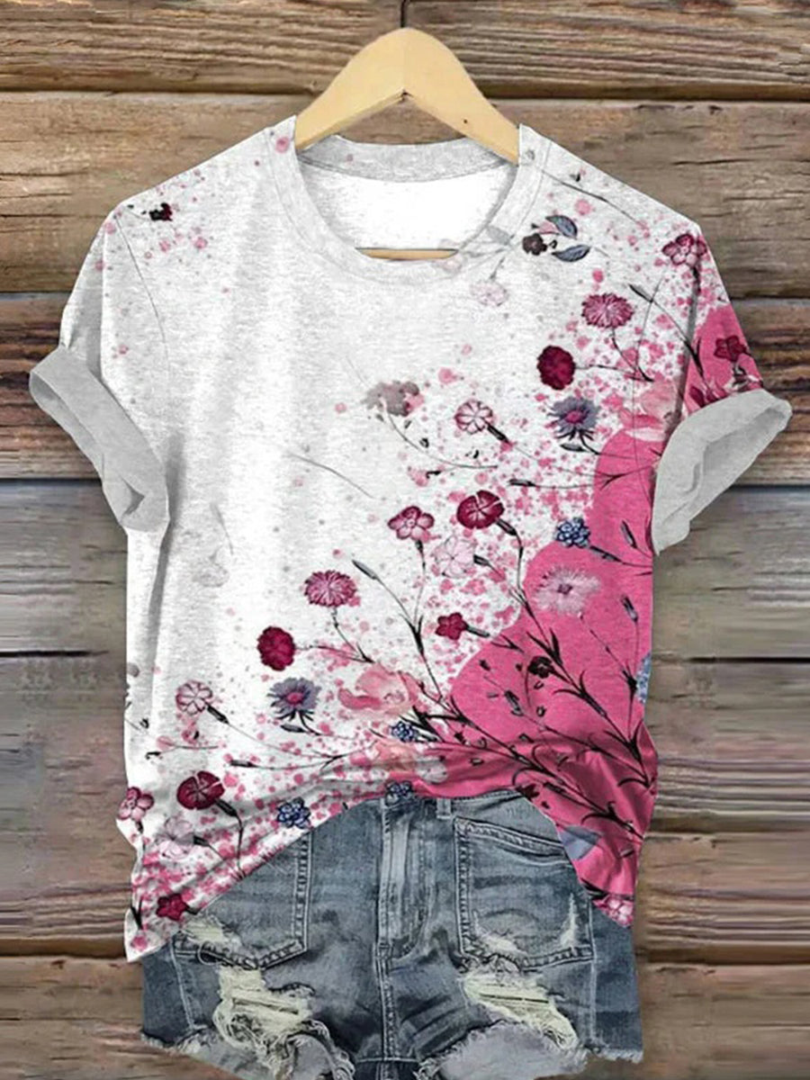 Vintage Floral Print Round Neck Short Sleeve T-Shirt