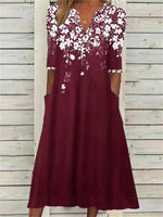 Elegant Floral Printed V-neck Loose Dress