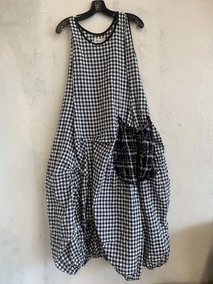 Checkered Summer Pockets Midi Dress
