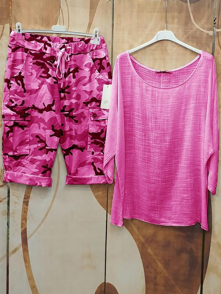 Rose Red Casual Round Neck Solid Long Sleeve Two Piece Sets