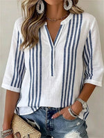 Casual Striped V-neck 3/4 Sleeve Blouse