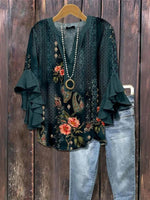 Vintage Floral Print V-neck 3/4 Sleeve Blouse