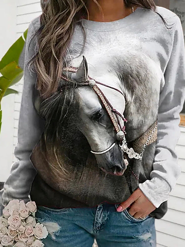 Multi Casual Graphic Tops Round Neck Long Sleeve Horse Printed Sweatshirt