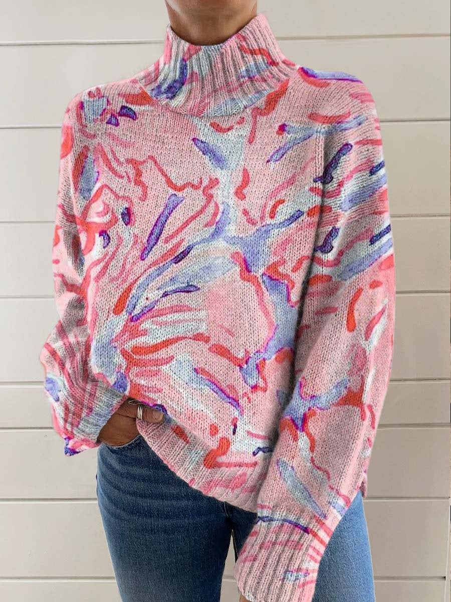 Women's Art Abstract Flower Print Long Sleeve Pullover Sweater