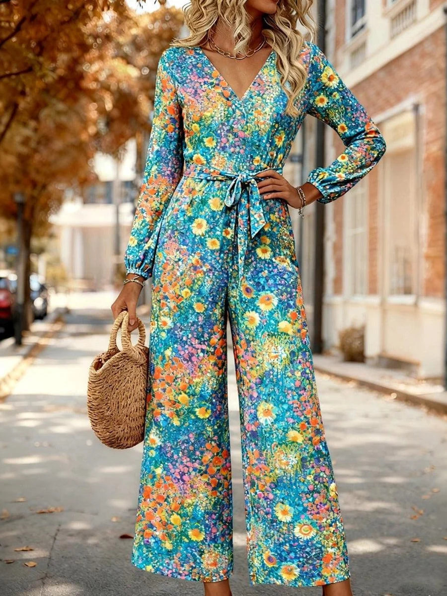 Drawstring Waist Floral Print Long Sleeve Wide Leg Jumpsuit
