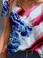 Casual V-neck Short Sleeve Abstract Printed Blouse