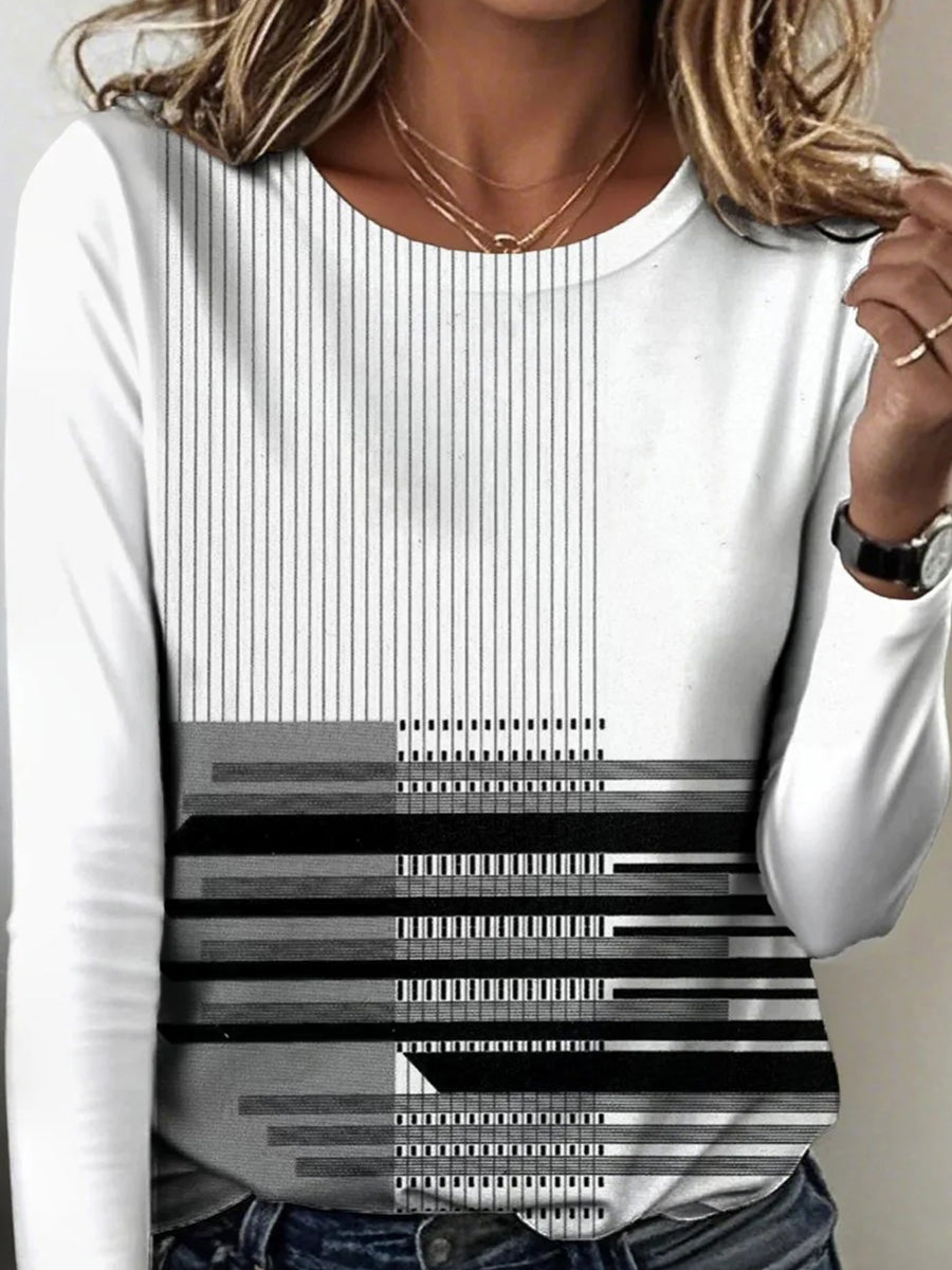 Special Striped Print Round Neck Long Sleeve Top