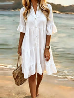 White Solid Ruffle Hem Short Sleeve Shirt Dress