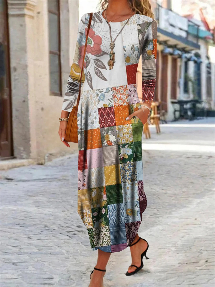 Floral Crew Neck Long Sleeve Maxi Dress