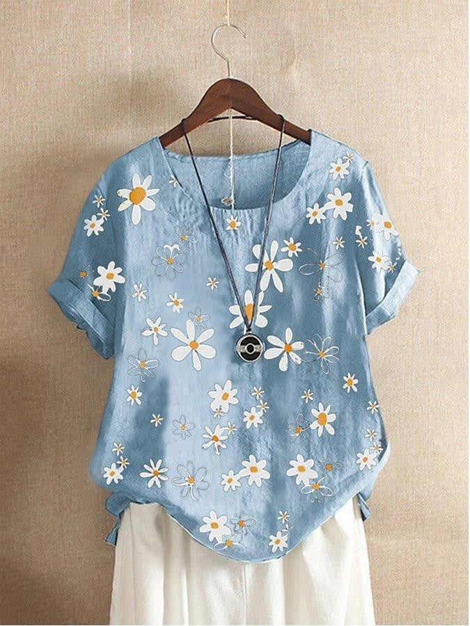 Women's Summer Daisy Print Casual Short Sleeve Loose Blouse