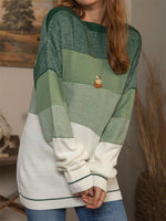 Green Casual Tops Round Neck Long Sleeve Stripe Printed Sweater