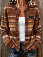 Women's Retro Black Cat Striped Print Crew Neck Long Sleeve Cardigan