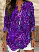 Vintage Leaf Print V-neck Long Sleeve Blouse