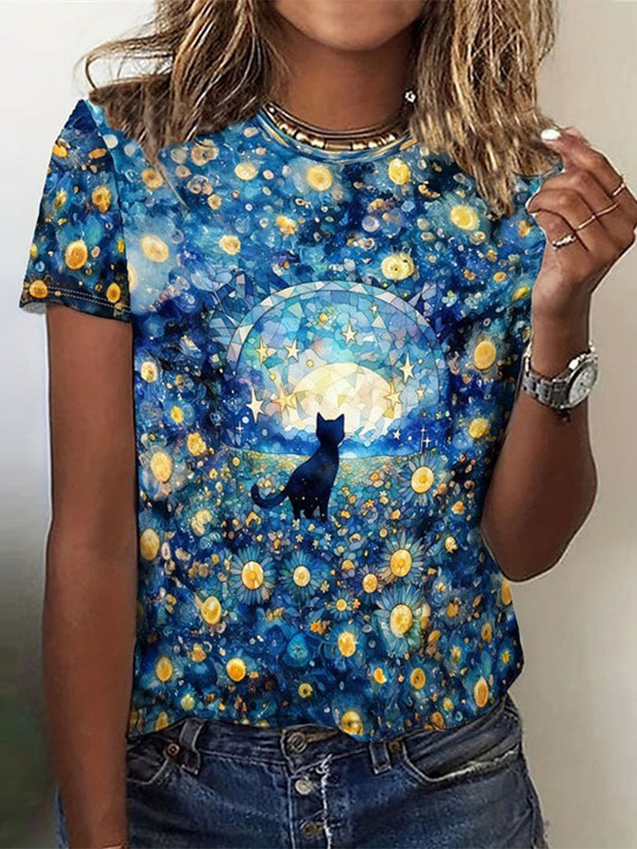 Blue Creative Cat Print T-Shirt