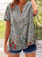 Retro Grey Floral Print V-neck Short Sleeve Top
