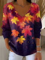 Women's Casual Autumn Maple Leaf Oil Painting Striped V-neck Long Sleeve T-Shirt