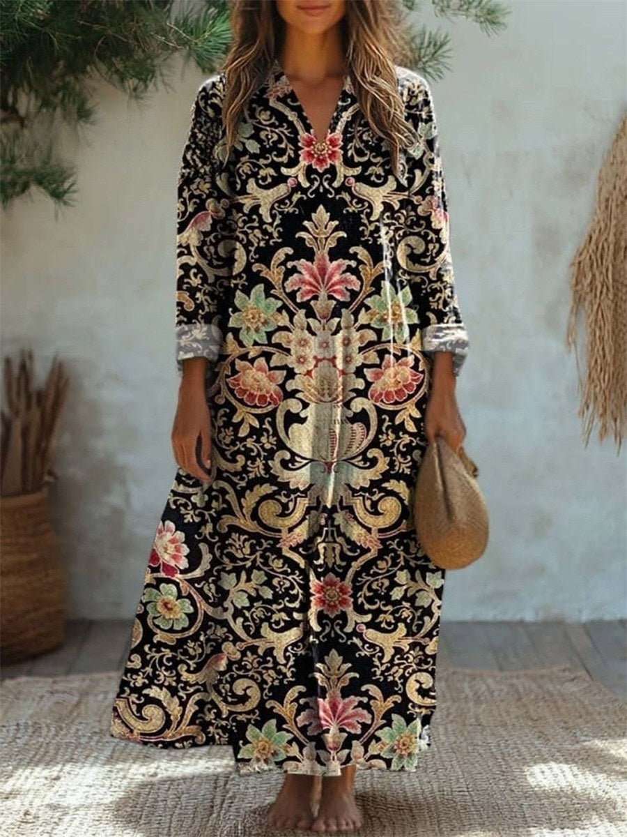 Ethnic V Neck Long Sleeve Casual Floral Printed Maxi Dress