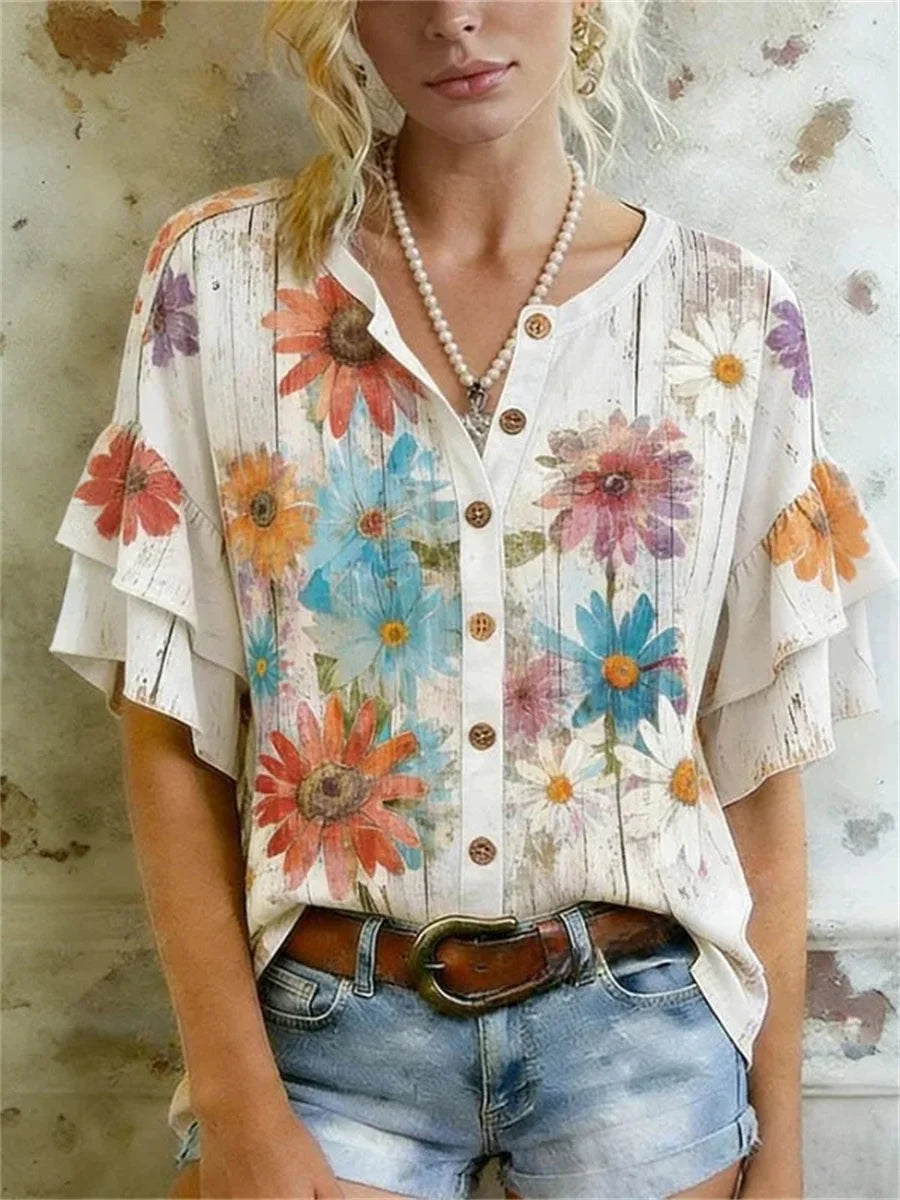 Vintage Floral Print Half Sleeve Blouse