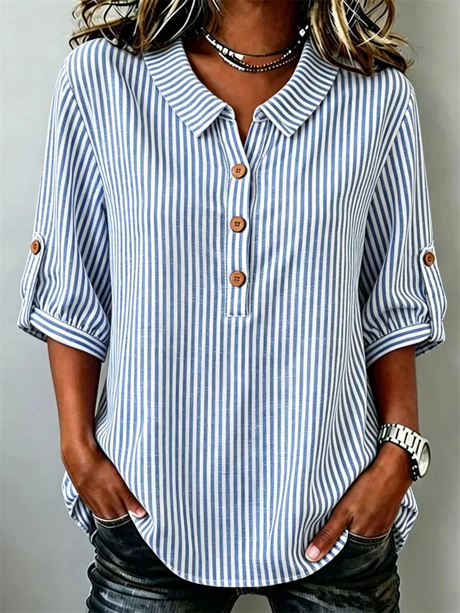 Classic Blue Stripe Roll-Tab 3/4 Sleeve Blouse