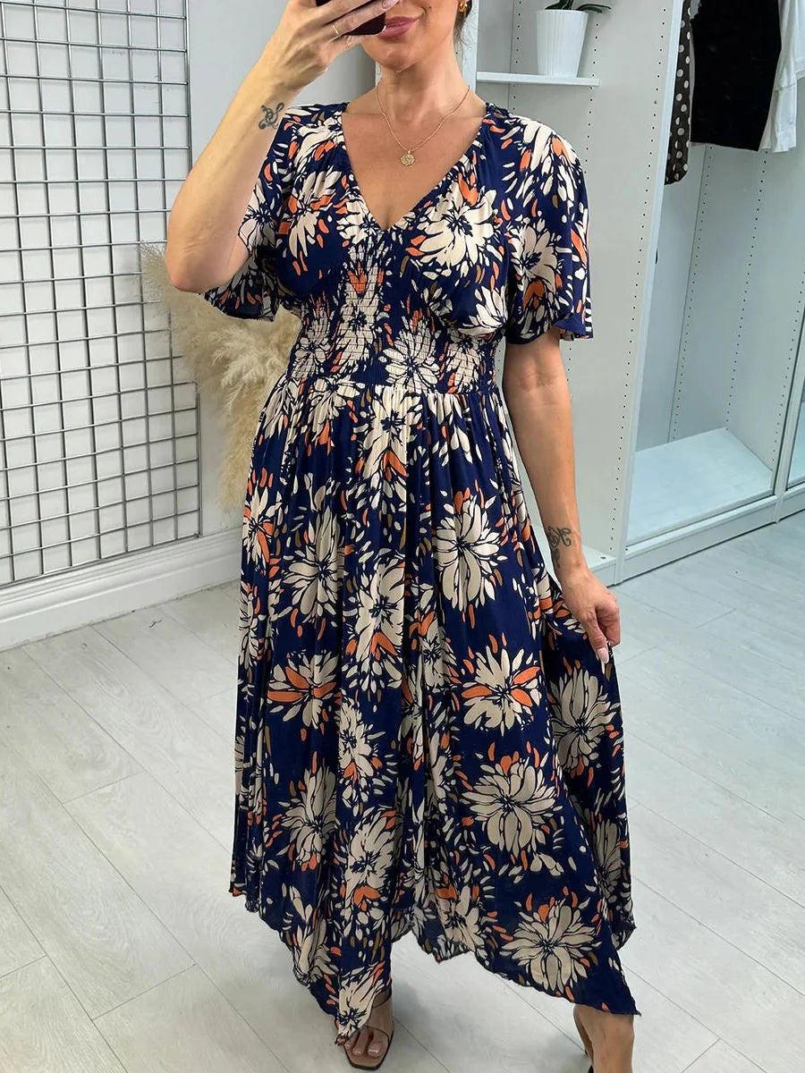 Navy Floral Smocked Waist Flowy V-neck Short Sleeve Maxi Sun Dress